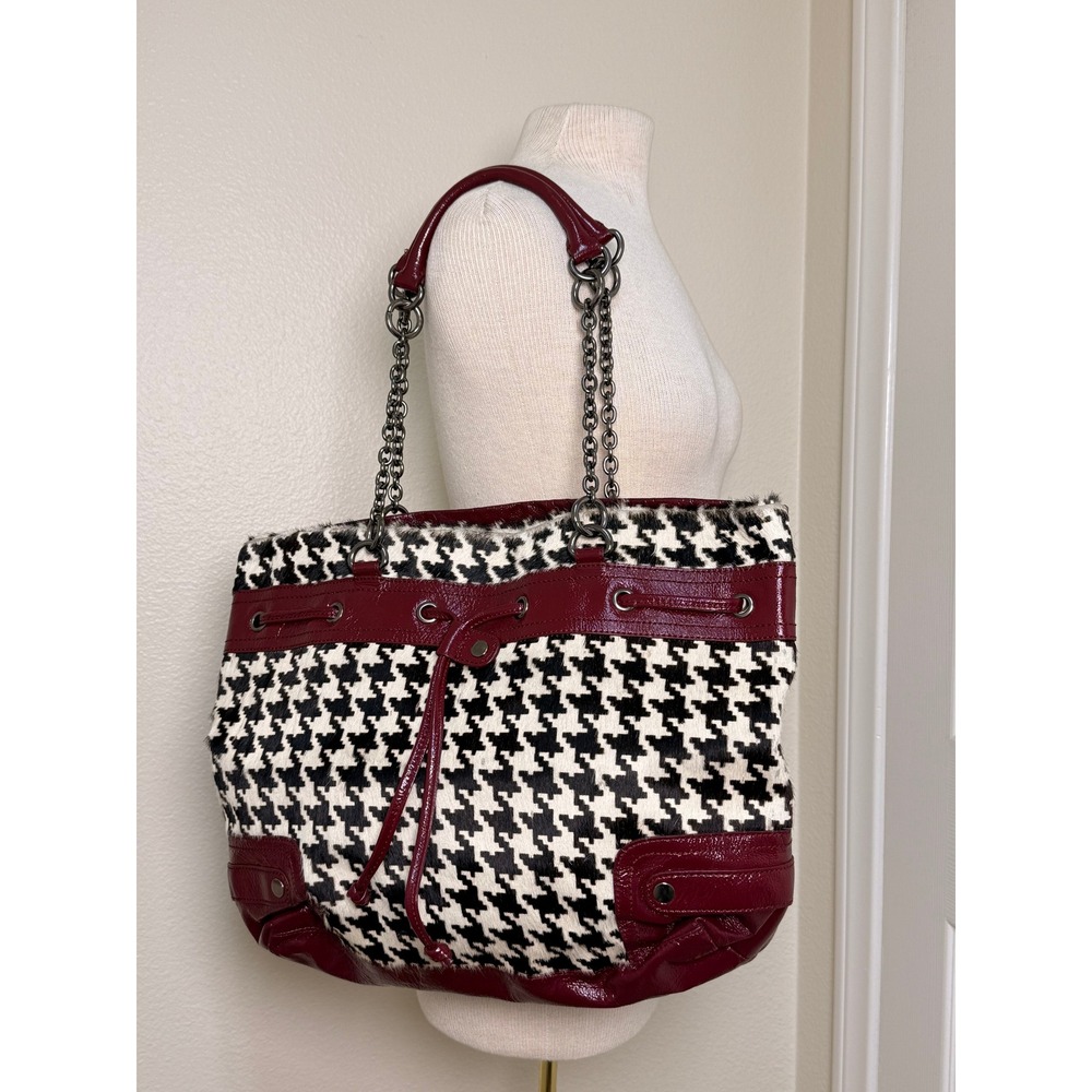 Adrienne Vittadini Houndstooth Faux Calf Hair Burgundy Patent Leather Tote Bag